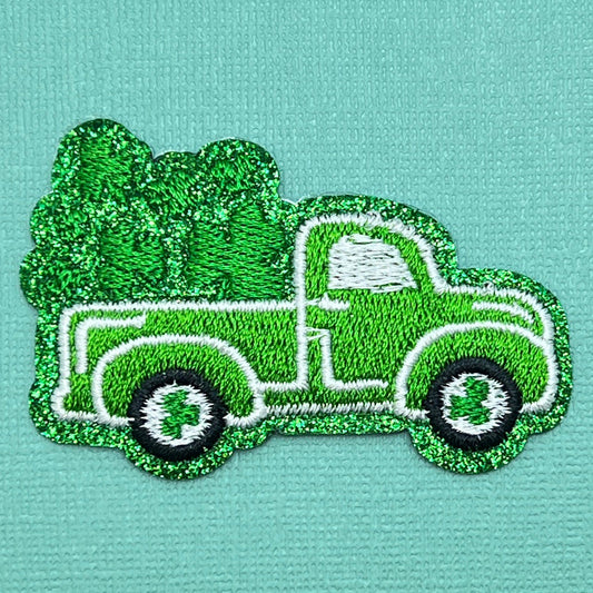 Green Clover Pickup Truck St Patrick's Day Chenille Iron On Patch