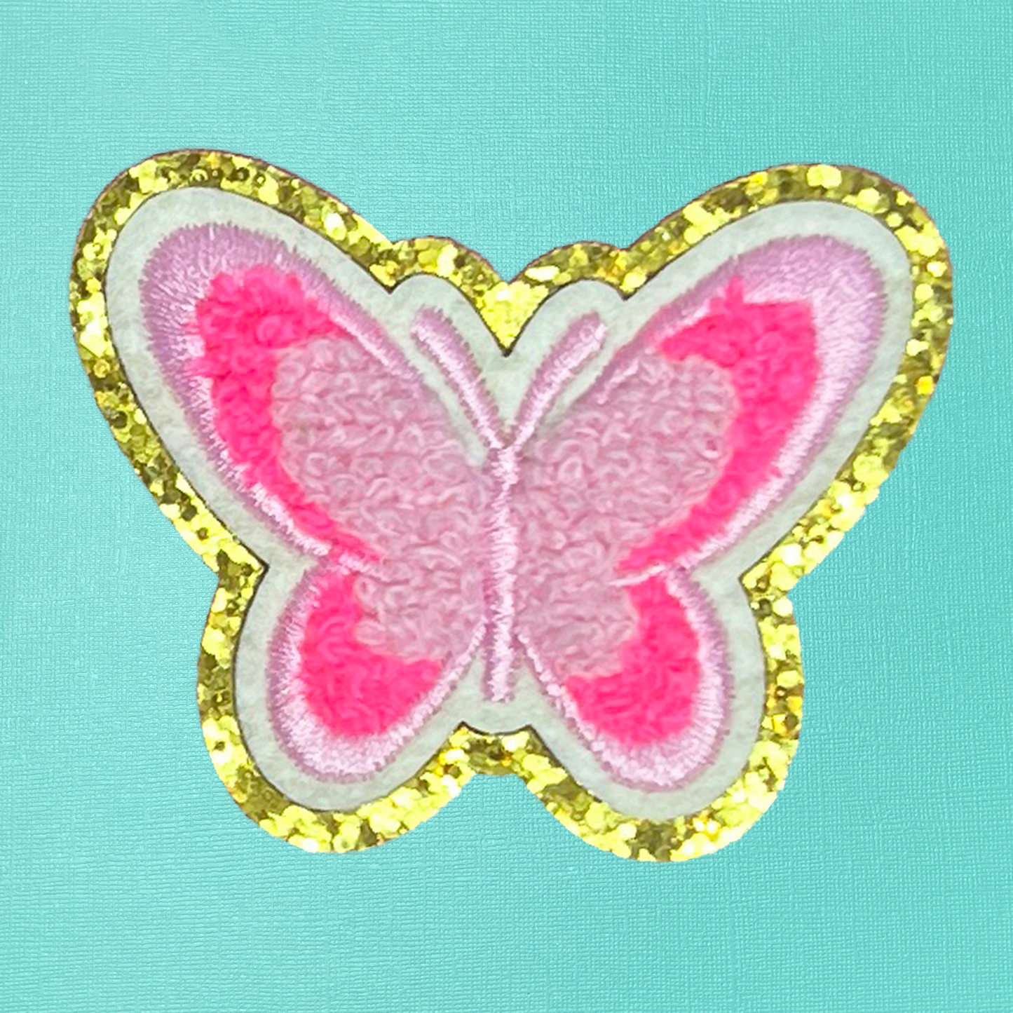 Neon Pink & White Butterfly Chenille Iron On Patch