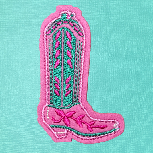 Pink & Teal Cowgirl Boot Iron On Patch