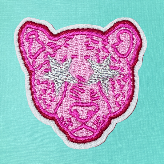 Hot Pink Cheetah with Star Eyes Iron On Patch