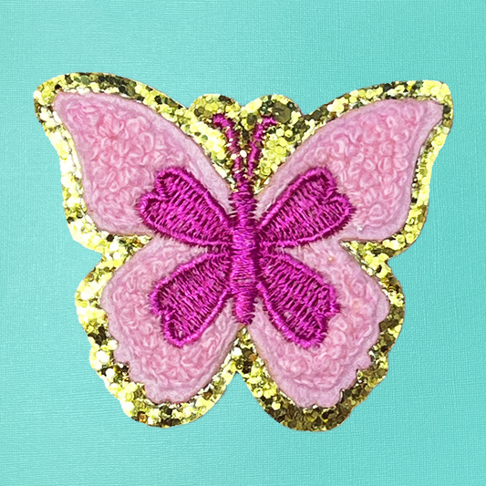 Pink Chenille Butterfly Iron On Patch