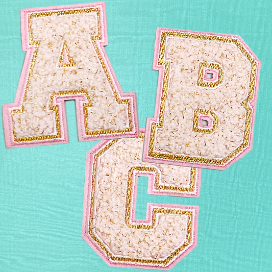 Ivory with Gold and Pink Chenille Letter Patch, 2.2"