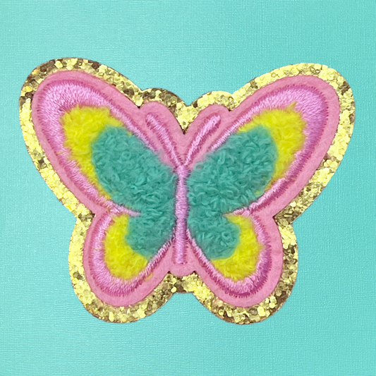 Pink & Teal Butterfly Chenille Self-Adhesive Iron On Patch