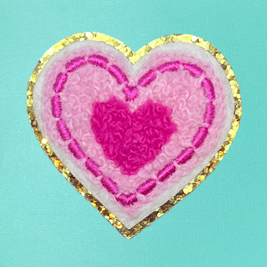 Pink Heart Chenille Self Adhesive Iron On Patch