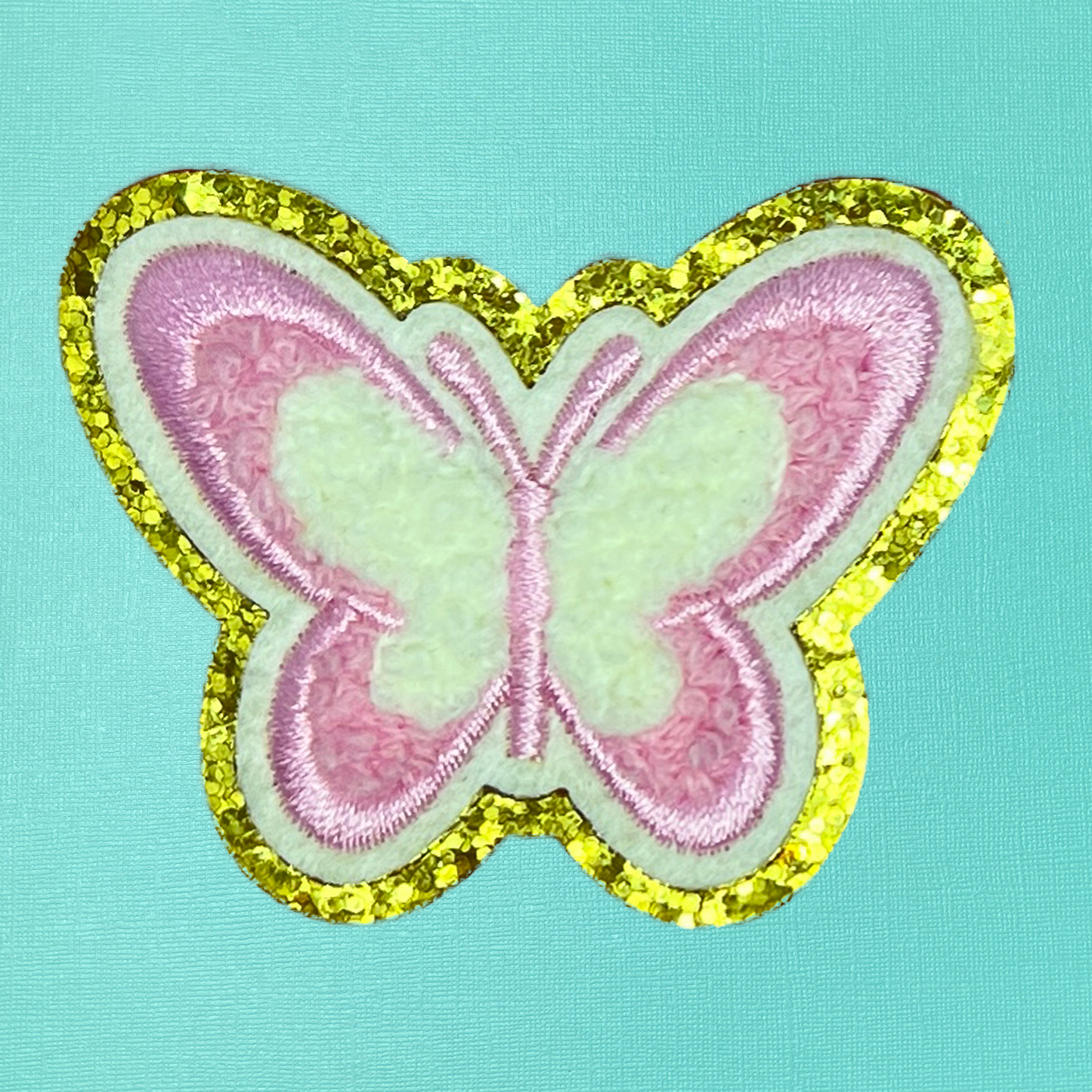 Pink & White Butterfly Chenille Self-Adhesive Iron On Patch