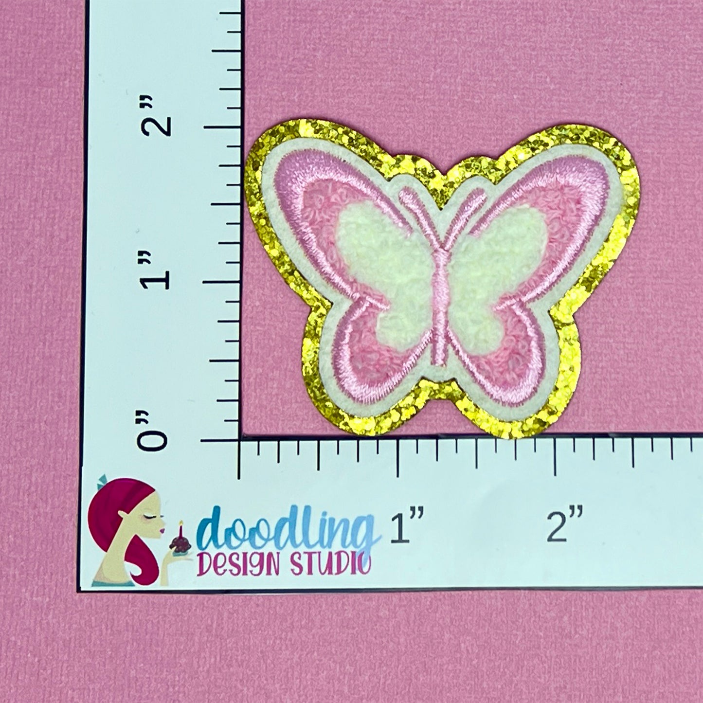 Pink & White Butterfly Chenille Self-Adhesive Iron On Patch